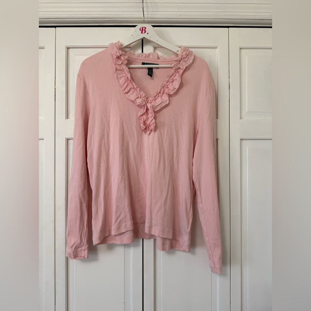 Lauren Ralph Lauren Pink Ruffled V-Neck Long Sleeve Top Blouse XL Careerwear